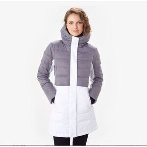 Lole Long Down Water Resistant Hooded Quilted Puffer Coat Size Medium Gray EUC